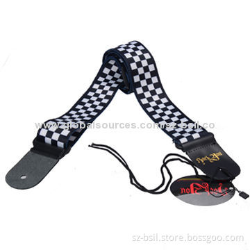 Black White Checked Grid Adjustable Print, Genuine Leather Ends for Acoustic Guitar Strap Bass